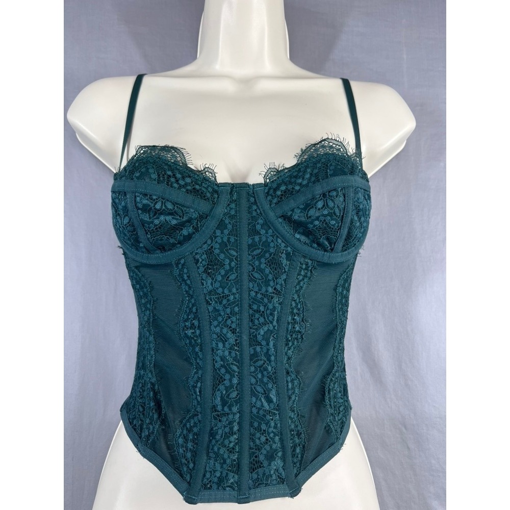 Forest Green Lace Mesh Corset Top Underwire Boning Hook Eye Closure Bustier